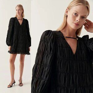 NWT Aje Evelina Ruched Blouson Sleeve V-Neckline Cotton Mini Dress Black Size: 4